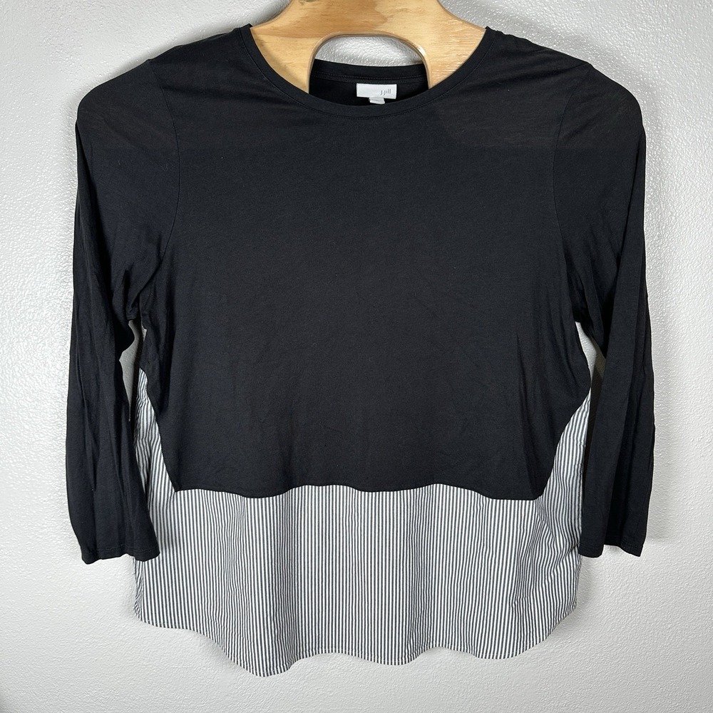 J Jill Womens XL Mixed Media Layered Shirt Long Sleeve Black Stripe Cotton Blend
